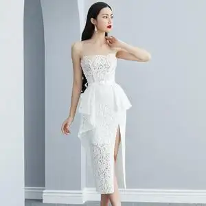 收腰名媛气质吊带抹胸裙2021夏装新款女蕾丝开叉白色连衣裙