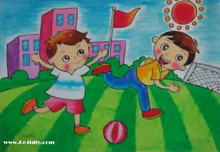 很不错的踢足球蜡笔画,两个小男孩正在友好的比试球技.