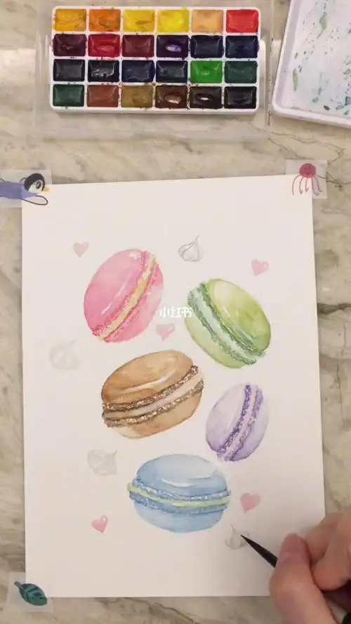 简单水彩画甜甜的马卡龙