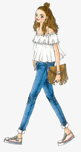 卡通手绘穿蓝色裤子的女人
