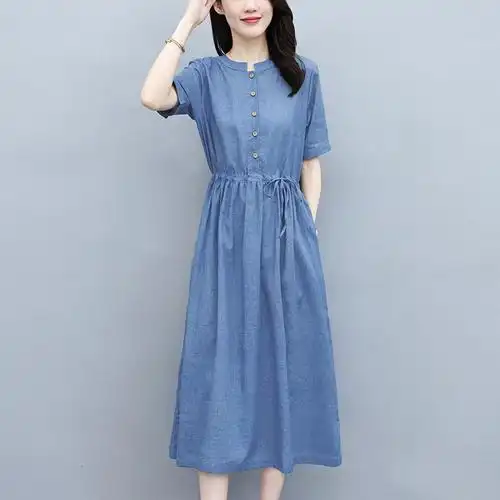 班图诗妮v领印花短袖中长款连衣裙2020新款夏气质时尚裙子宽松女装