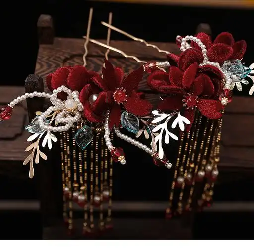 红色绒花发钗秀禾头饰新娘中式跟妆边夹古装敬酒服影楼写真发饰品