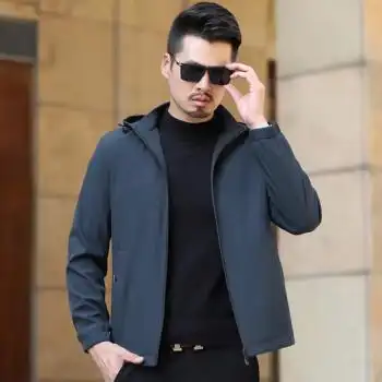 爸爸穿中老年男士春秋天薄款夹克中年商务休闲连帽上衣40岁50秋装外套