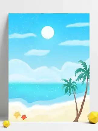 纯原创手绘卡通航海海边夏天蓝天白云背景