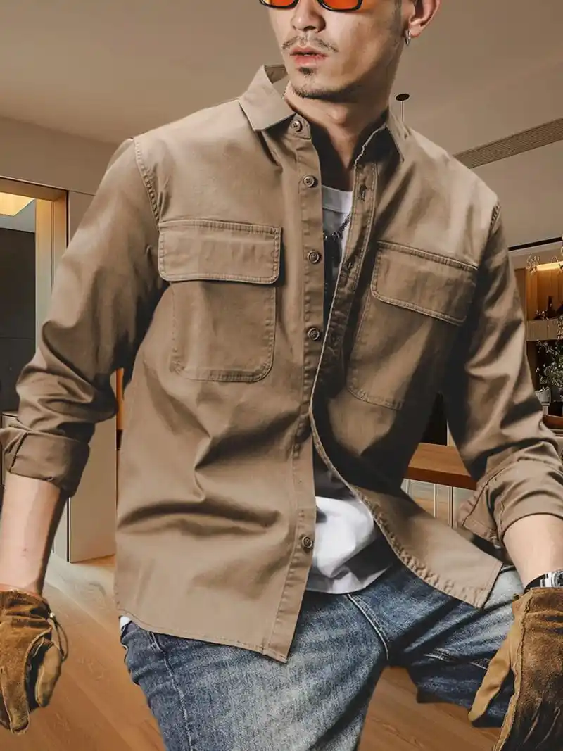 美式重磅复古工装衬衫男长袖宽松硬汉猎装男士休闲衬衣,男春季外