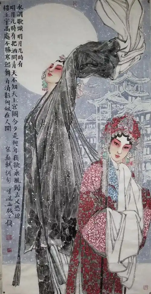 梁健画家四尺三开戏曲人物