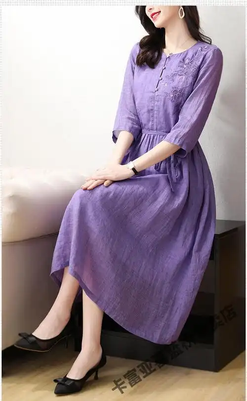 kafuya素订女装官方夏款高品质杭州亚麻苎麻品牌棉麻连衣裙女夏季2022