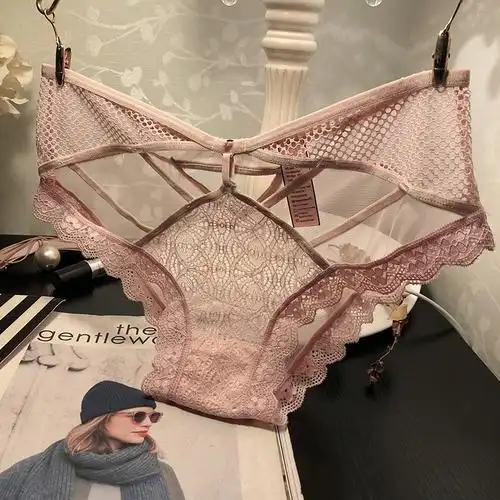 恋名媛粉色少女心情网纱性感蕾丝内裤女低腰透视诱惑棉档三角裤透气
