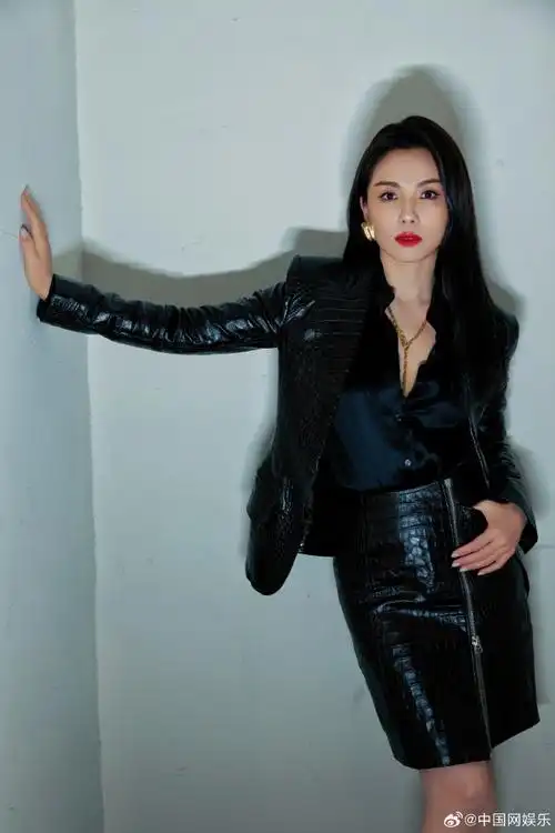 刘涛黑长直##刘涛黑色开衩皮裙