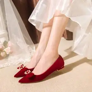 秀禾服婚鞋女冬2021大东新款结婚新娘鞋红色平底孕妇婚纱鞋不累脚