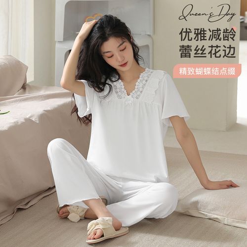 【质感纯棉蕾丝套装】女士家居服蝴蝶结夏季薄款舒适睡衣可外穿女