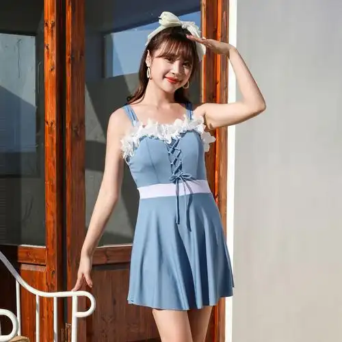 女款保守泳衣 新款仙女范连体平角游泳套装 吊带裙式显瘦遮肉泳装