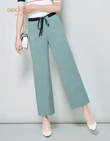 迪奇琳品牌休闲裤女春季2018新款高腰宽松直筒弹力九分阔腿裤女 青色