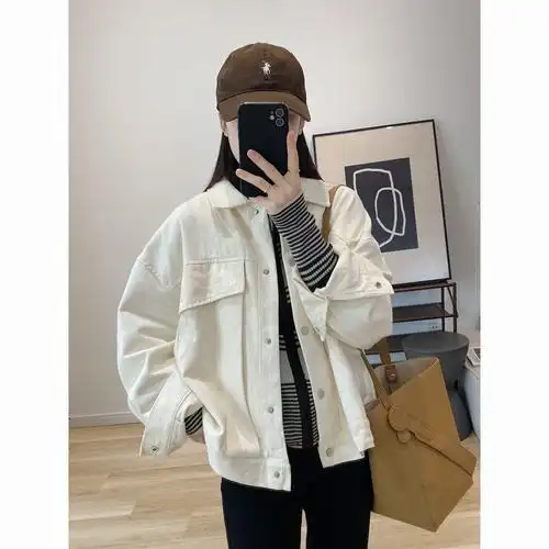 日系咖色水洗棉大口袋牛仔外套女秋季休闲宽松短款工装夹克上衣