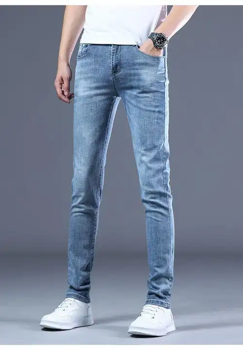 mihu夏季薄款牛仔裤男修身小脚裤浅蓝色男士弹力裤子男生韩版百搭长裤