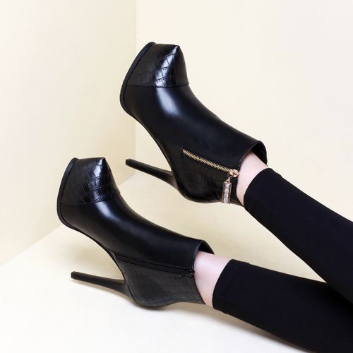 高跟鞋女冬细跟 防水台 尖头_12cm超高跟细跟短靴防水台厚底马丁靴