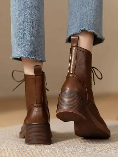 2023新款春秋单靴英伦风小个子粗高跟短靴潮牌真皮棕色马丁靴女款