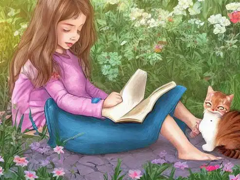 ai创作实验室#花园中看书的小女孩,小猫,小狗