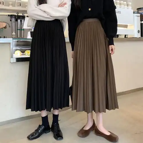 咖色半身裙a字裙伞裙春装2022年新款女中长款高腰百褶裙包臀裙子