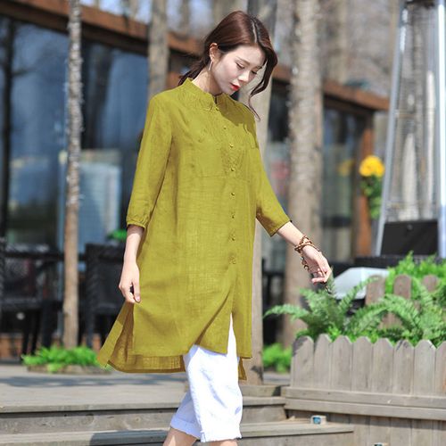 立领衬衫女中长款中国风春秋棉麻女装七分袖上衣复古刺绣短袖t恤