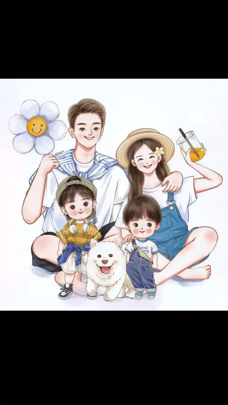 一家四口卡通头像两个儿子红色竖版 - 抖音