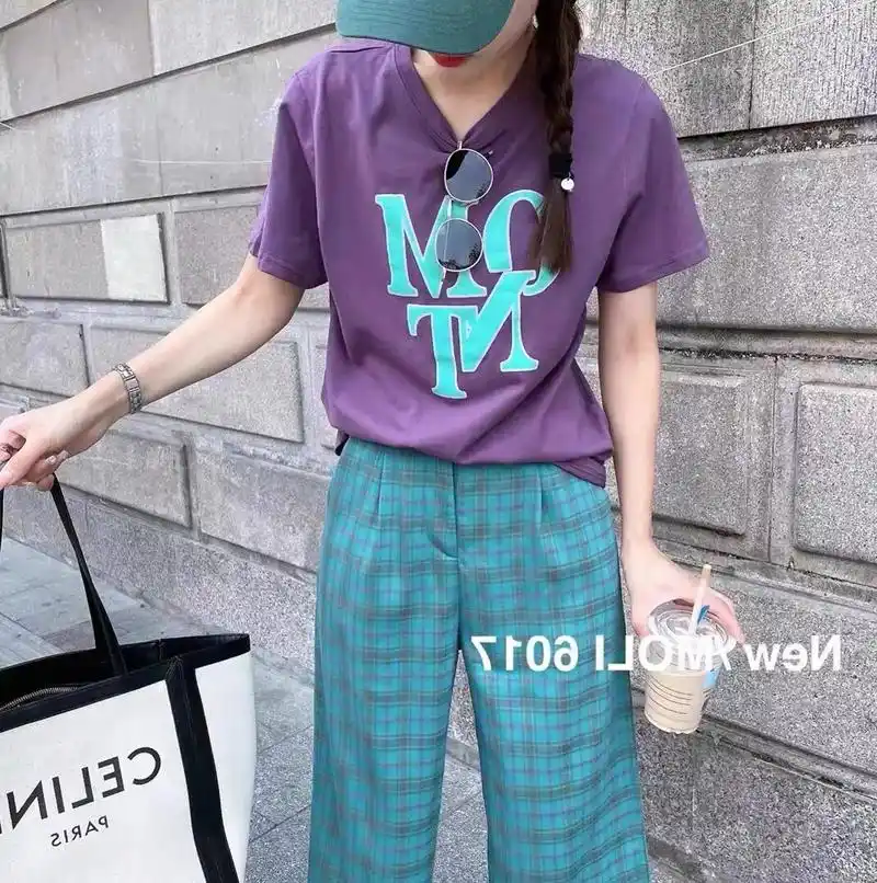 夏季新款 街头圆领字母短袖t恤 格子休闲裤套装#谁穿谁好看  - 抖音