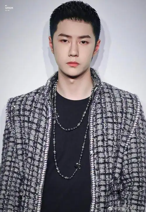 王一博亮相香奈儿"女士城堡"酒会,短发造型加格纹斜纹软呢.
