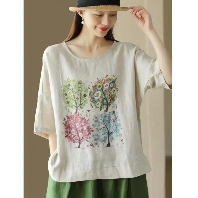短袖棉麻t恤女夏季妈妈装宽松中年刺绣大码.40 或将近40的 - 抖音