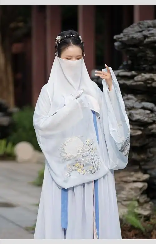 新品面纱古风古代汉服女古风披脸配饰面纱面帘遮脸半透刺绣系带中国风