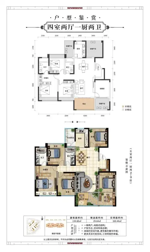 a2户型:四室两厅一厨两卫——建筑面积约:139.80㎡ 赠送面积约:29.