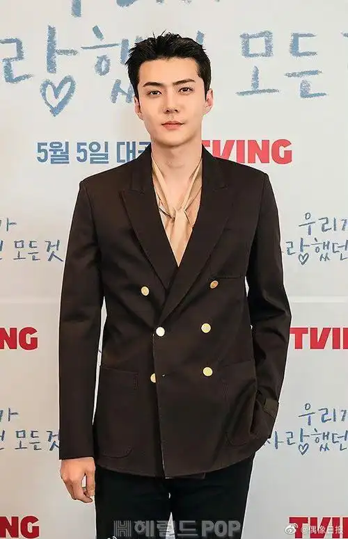 吴世勋新剧发布会新闻图#吴世勋身穿棕色西装,而且还剪了短头发看