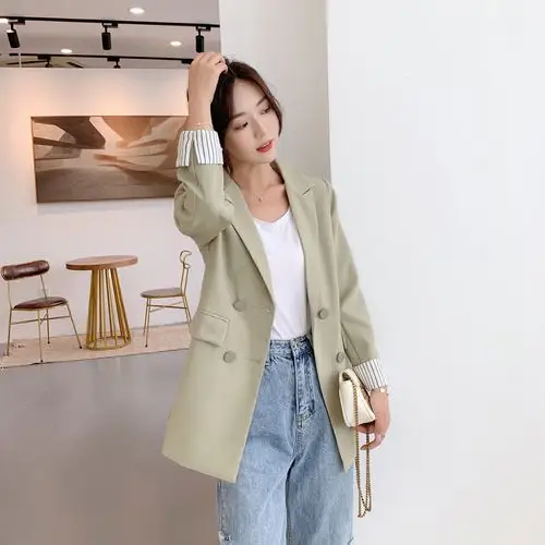 2020春季新款韩版复古宽松百搭网红小西装薄外套女学生抹茶绿西服
