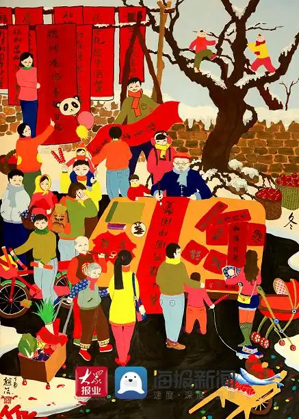 农民画里的日照新年,描绘着日照本地农耕农作,渔家生活等民风民俗