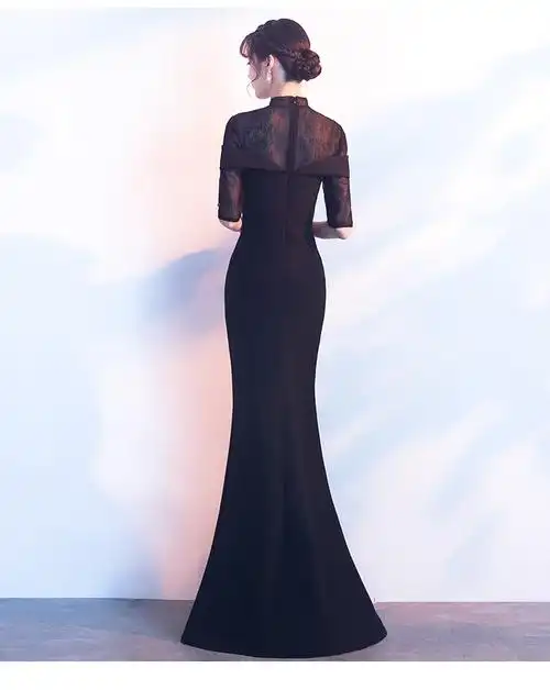 【好品质】懿菲旗袍晚礼服裙女2019新款黑色宴会气质高贵年会主持人长