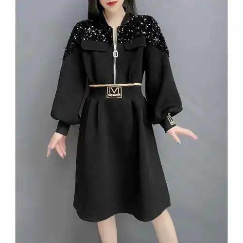 收腰短款欧货流行时尚连衣裙欧洲站2021春季女装显瘦拉链长袖新款