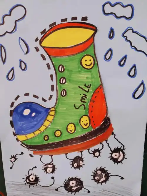 利用记号笔去刻画出各个大小不同的小煤球,包围小鞋子,最后画#创意