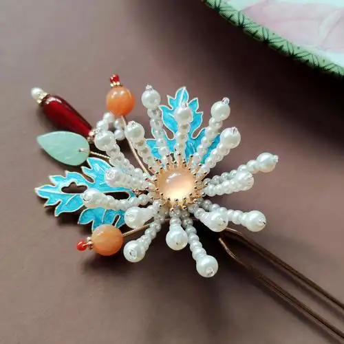 手工制作汉服头饰古风饰品古装旗袍配饰烧蓝仿珍珠辑珠菊花发钗