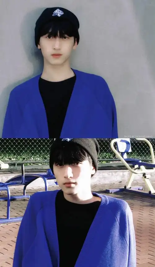 严浩翔蓝色外套四宫格随拍