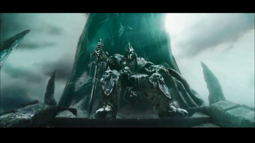 求一张阿尔萨斯成为巫妖王拿着霜之哀伤坐在冰封王座上的高清壁纸!