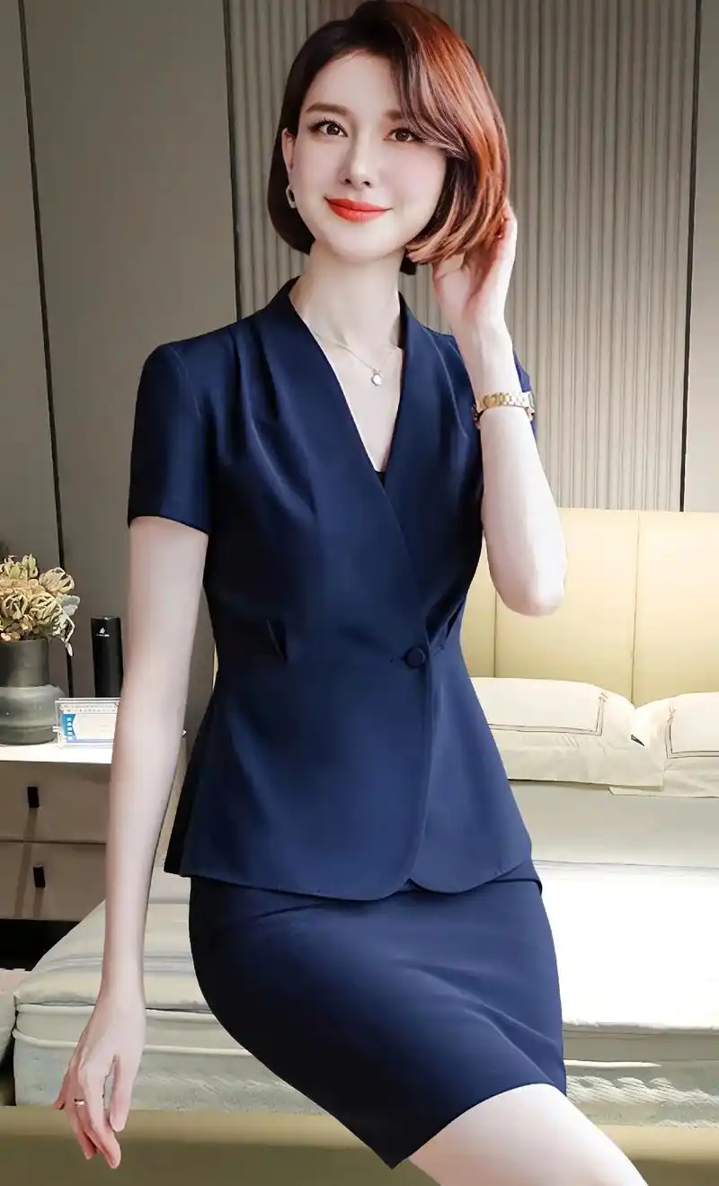 高档西装套装女夏季显瘦职业装西装裙珠宝店美容师薄