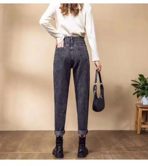 罗卜裤女式2021新春款单裤复古蓝哈伦牛仔裤女高腰宽松显瘦显高老爹
