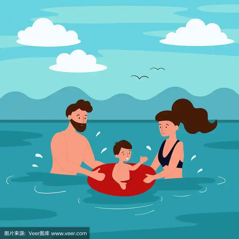 暑假在海滩上.一家人正在海里游泳.