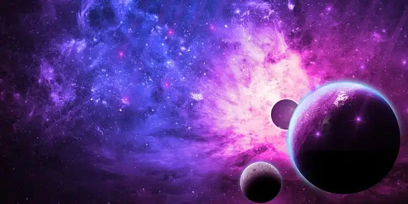 蓝紫色渐变唯美星空云朵星球展板紫色星空展板背景紫色星空背景