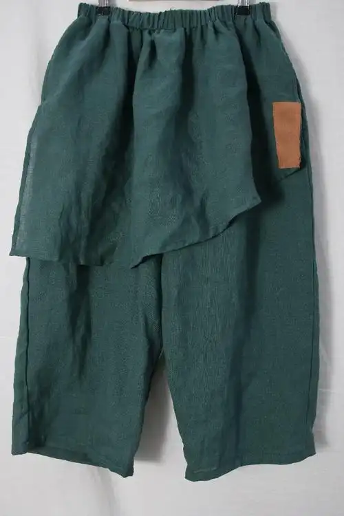 原创苎麻渔夫裤文艺复古七分女裤拼接苎麻裤子2138