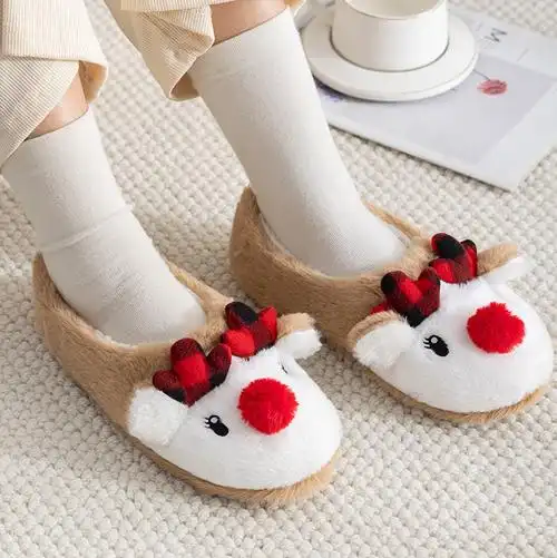 可爱卡通动物家居拖鞋 长毛绒保暖舒适室内宿舍柔软防滑麋鹿拖鞋