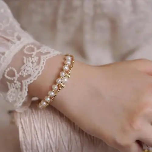 梦海琉光elodiacc高级天然珍珠14k包金手镯双层手镯