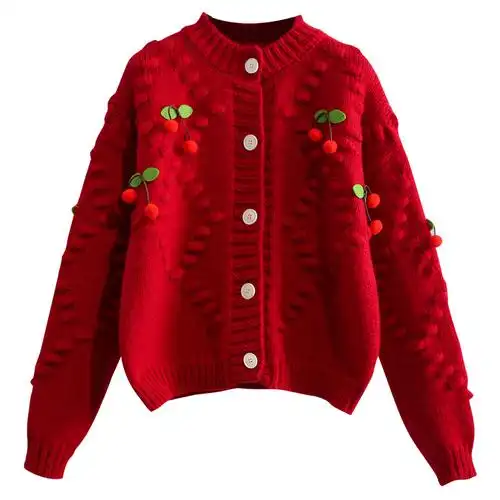 班俏banqiao重工毛衣开衫女秋冬加厚粗毛线红色樱桃宽松外穿学院风针