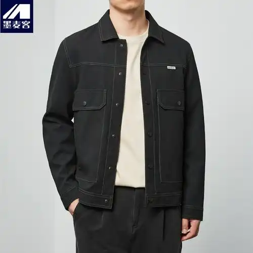 墨麦客男装2021秋季新款翻领工装夹克男士休闲pu外套上衣男80073