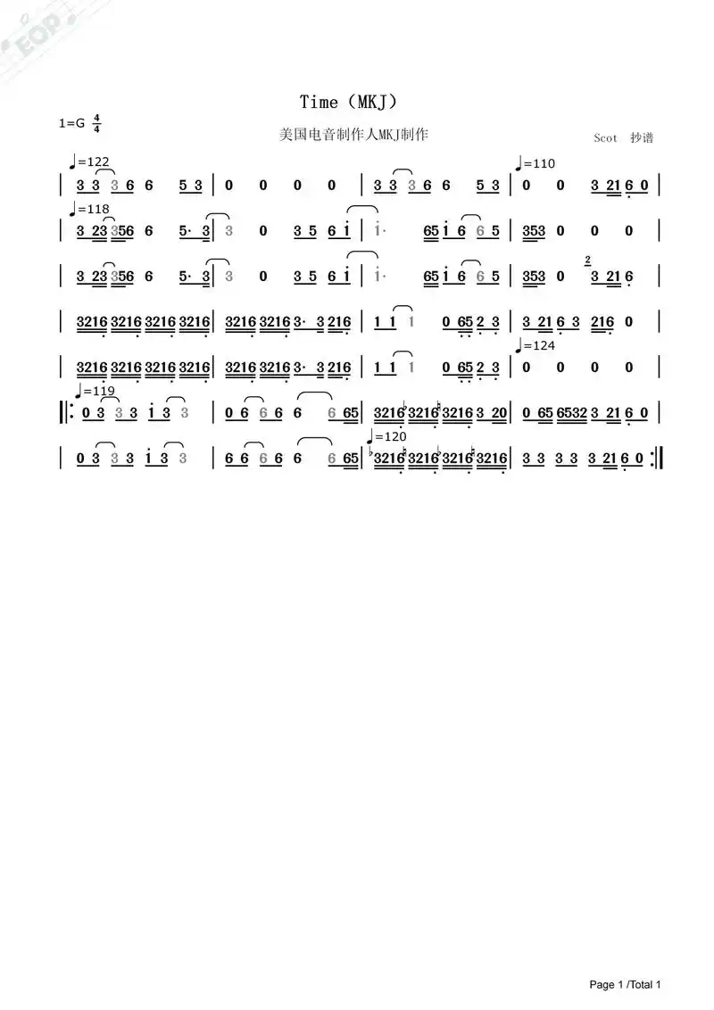 「萨克斯音乐」time(mkj)——动态简谱