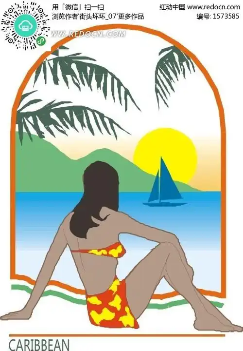 沙滩上的比基尼美女背影